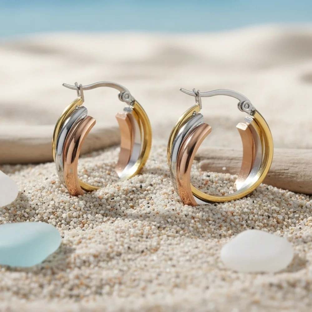 18K Gold Plated Stainless Steel Triple Hoop Earrings Rose Gold Old Money 1in